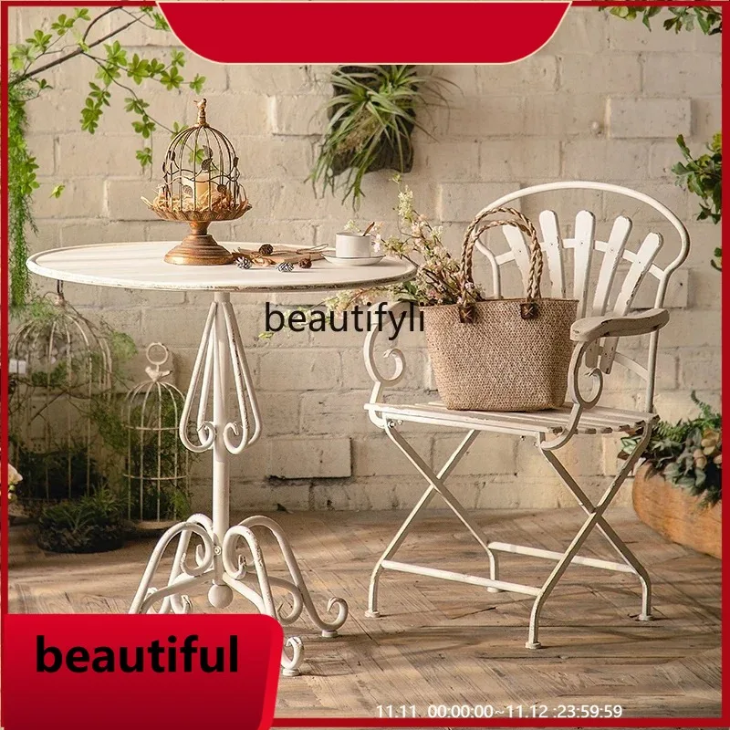 

French table and chair combination retro old garden outdoor courtyard wrought iron balcony small round table chair H