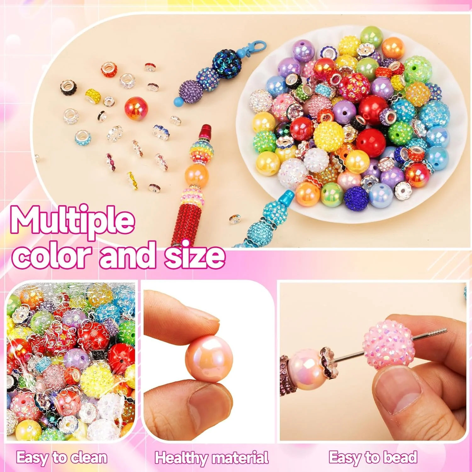 190 pezzi di perline per la creazione di penne, perline distanziatrici Rondelle incluse e perline di gomma da masticare da 16/20 mm per penna, perline acriliche per la realizzazione di gioielli