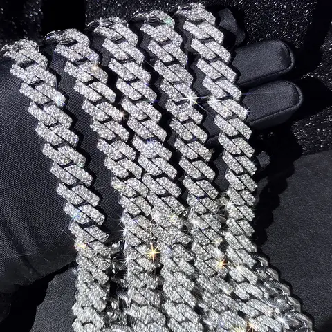 14mm Iced Out  Prong Cuban Link Chain Necklace for Men Women 2 Row Rhinestone Paved Miami Rhombus Hip Hop Jewelry Wholesale