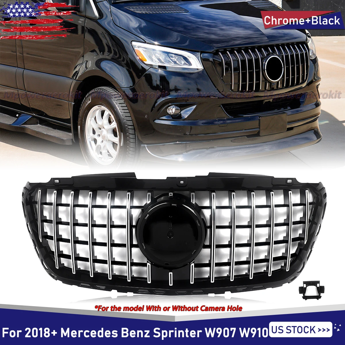 

Chrome + Black GT-R Style Front Grille For Mercedes Sprinter W907 W910 2018-2023 Front Bumper Upper Grills without Camera Hole