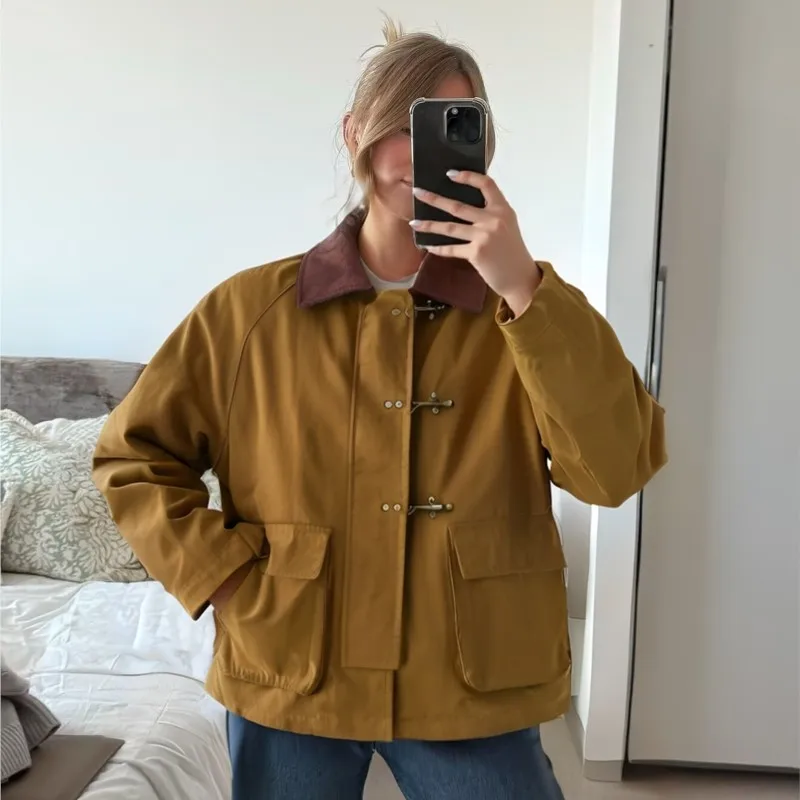

Jackets Outwear 2025 New Autumn Fashion Casual Jackets Coat Women Retro Patchwork Long Sleeve Turndown Collar With Pockets Loose