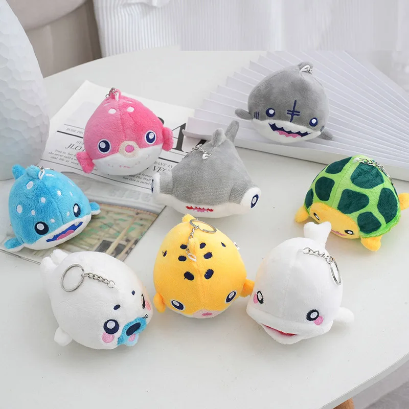 Wholesale 40pcs/lot 10cm Cute Cartoon Marine animals shark Clownfish PLush TOys Keyring Beluga whale Sea lion Stuffed Pendant