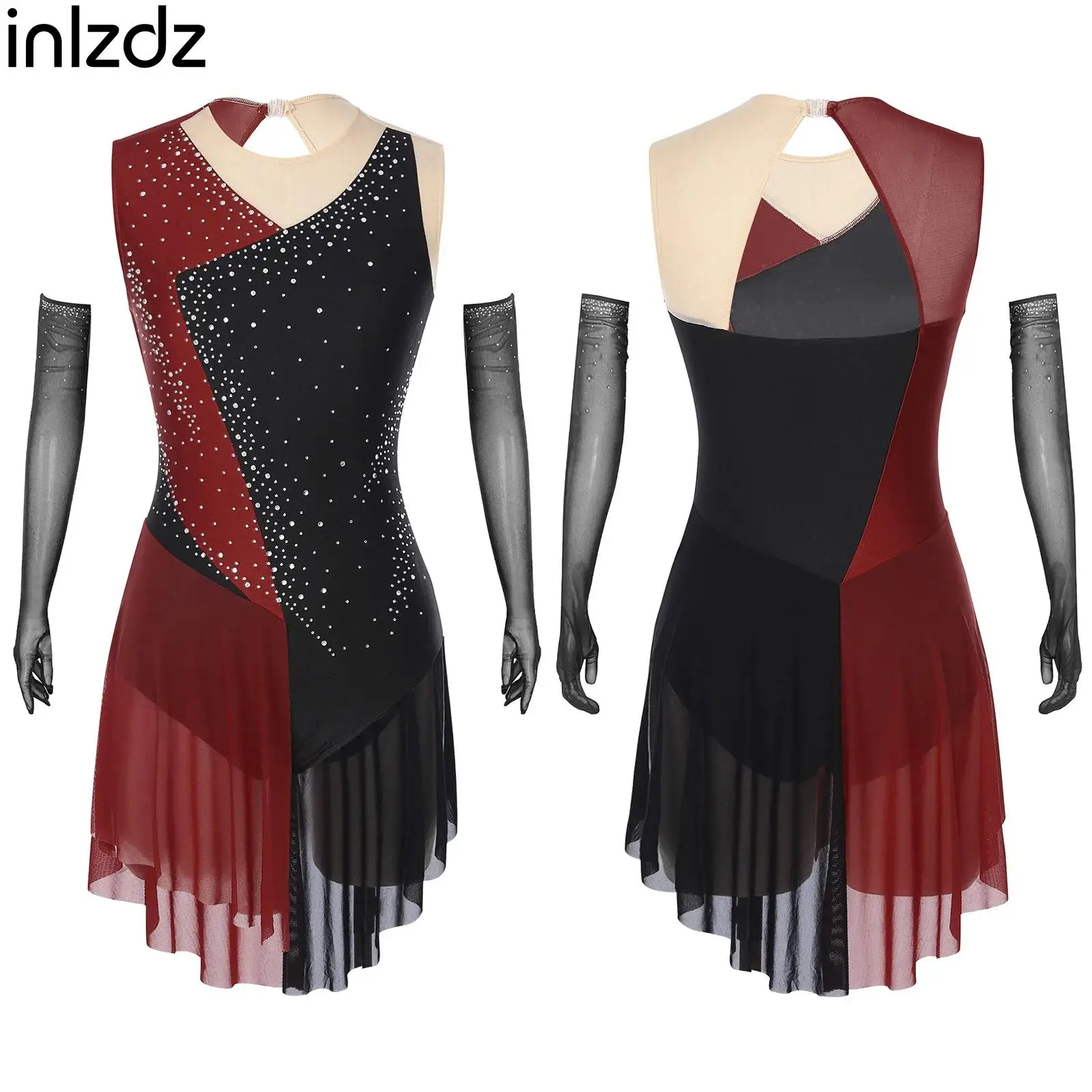 ชุดเต้นรำละตินแบบโมเดิร์นสำหรับผู้หญิง ประดับด้วยกลิตเตอร์และคริสตัล ชุดรัดรูปแบบไม่สมมาตร พร้อมถุงมือยาว สำหรับบัลเลต์และสเก็ต