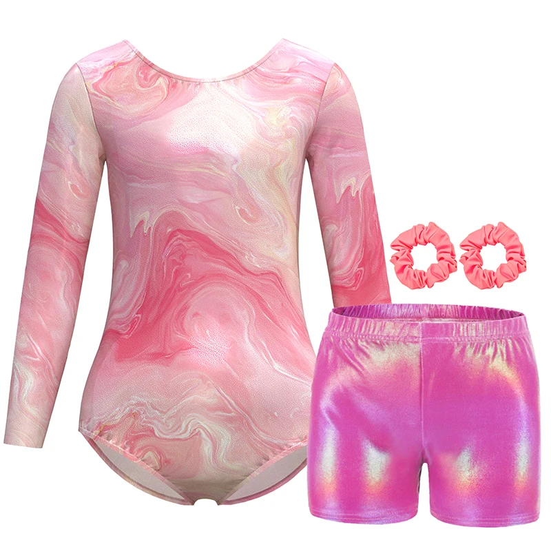 

Гимнастические купальники для девочек с шортами и повязкой для волос, блестящие, разноцветные, с длинными рукавами, для танцев