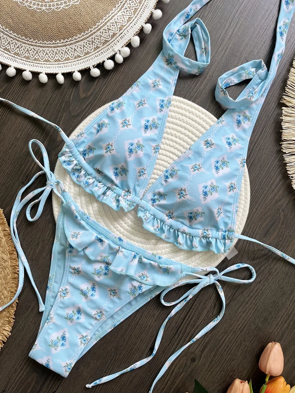 RUOTONSEPT Sexy Lotus leaf edge Print Bikini Set Women Swimsuit Two-piece Triangle Thong Swimwear Bathing Suit Brazilian Biquini