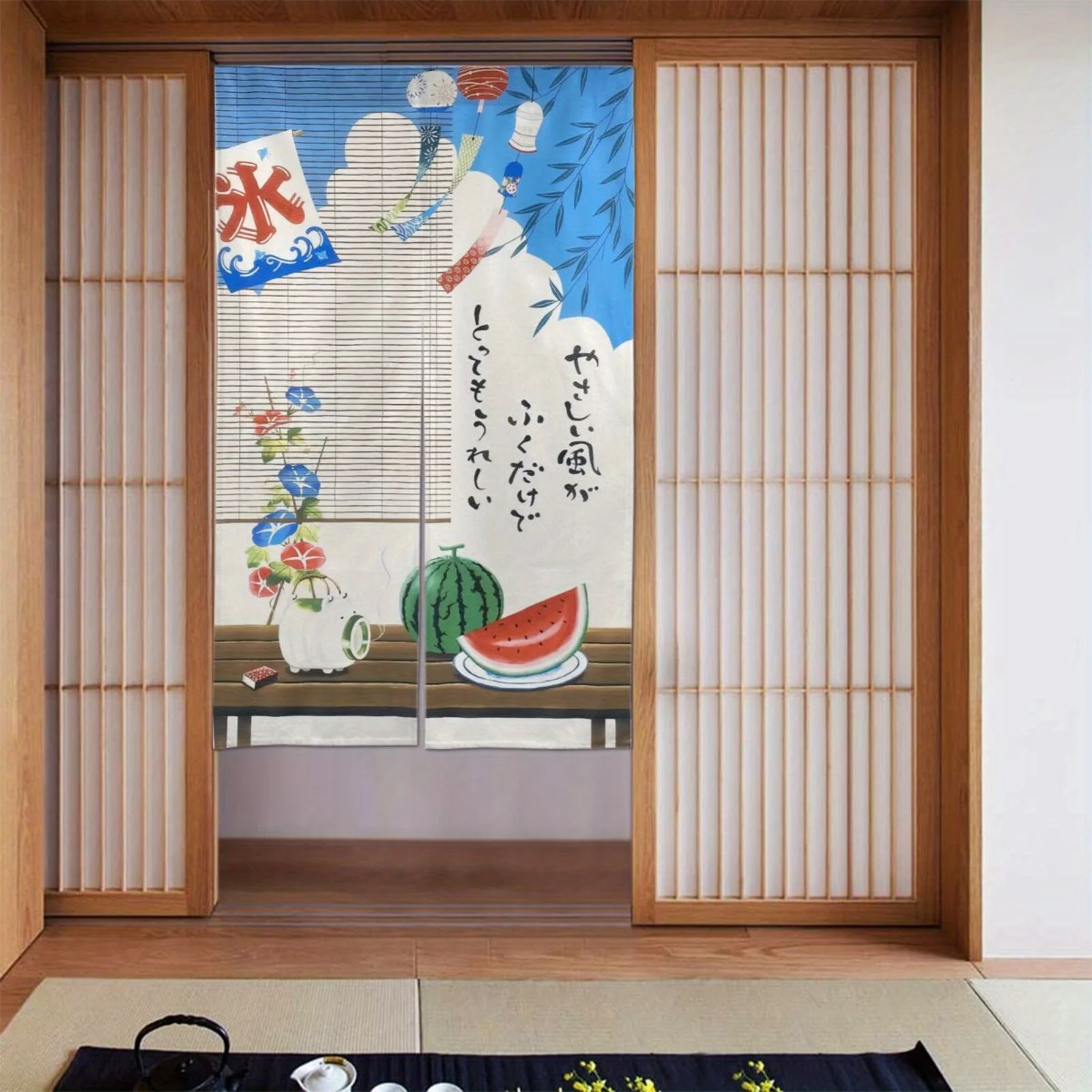 Japanese Summer Wind Noren Curtain, Watermelon Wind Chime Print Door Curtain for Home Kitchen Decor, Lightweight Breathable Room