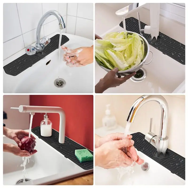 DT39 Kitchen Sink for Splash Guards Water Catcher Tray Long Silicone Faucet Handle for Kitchen Black 61x14.8x2cm