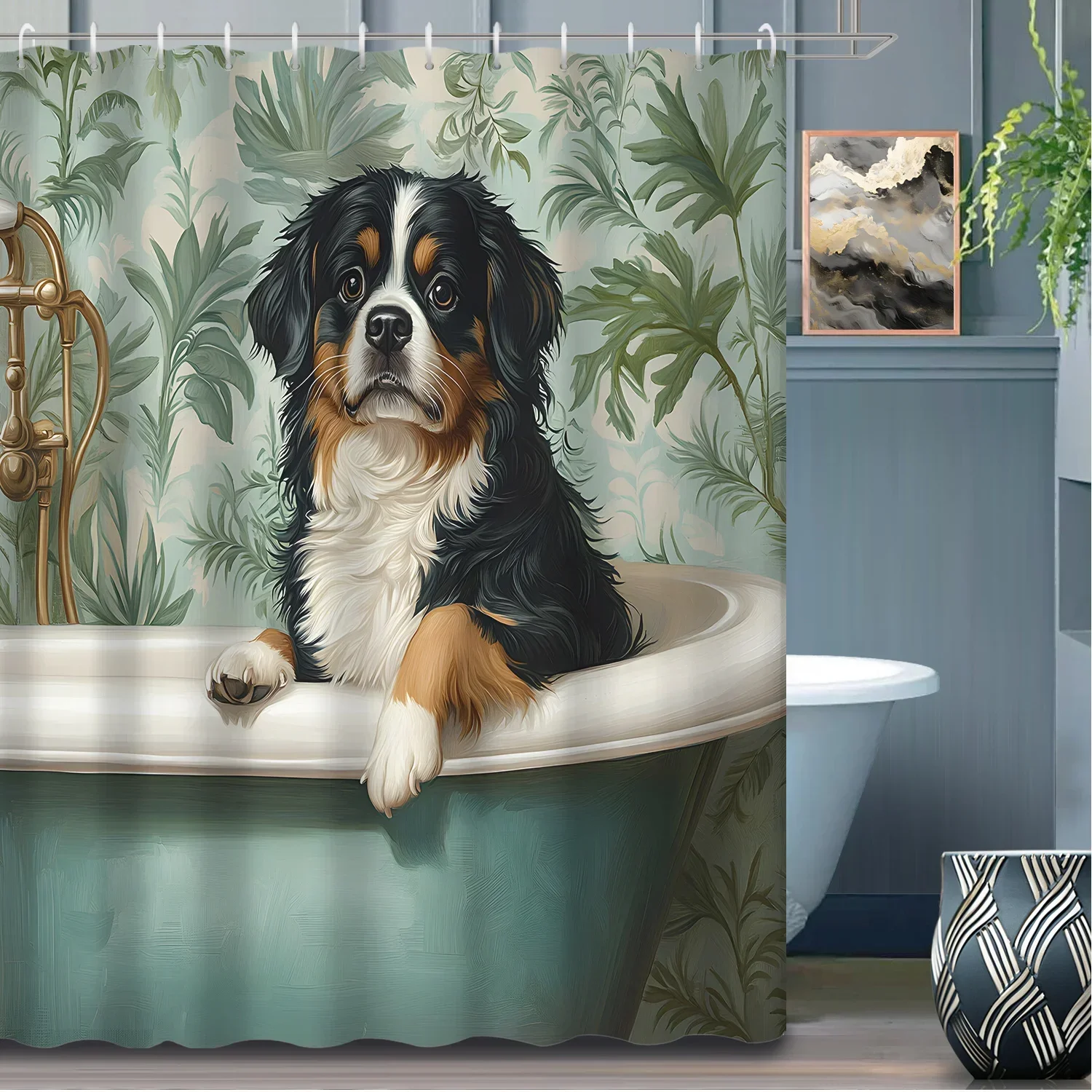 1pc Modern Art Illustration Puppy in Bathtub Shower Curtain, Decorative Bathroom Partition Curtain with 12 Hooks High QualityVVV