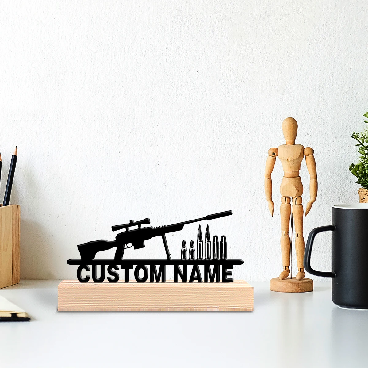 1 Stück Scharfschützengewehr mit individuellem Namen, Zinnfigur, Eisenornament, Zinnskulptur mit Holzsockel