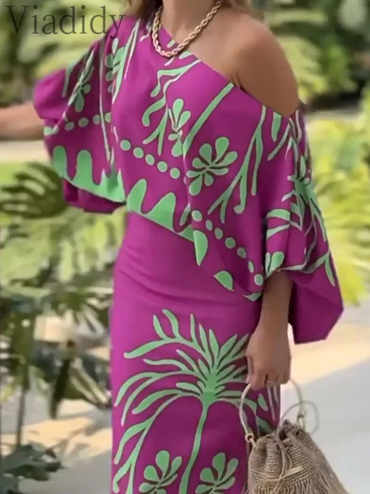 

Women's 2 Pieces Outfit Print Lantern Sleeve Cold Shoulder Loose Top and Casual High Waist Mermaid Floor-length Skirt Set