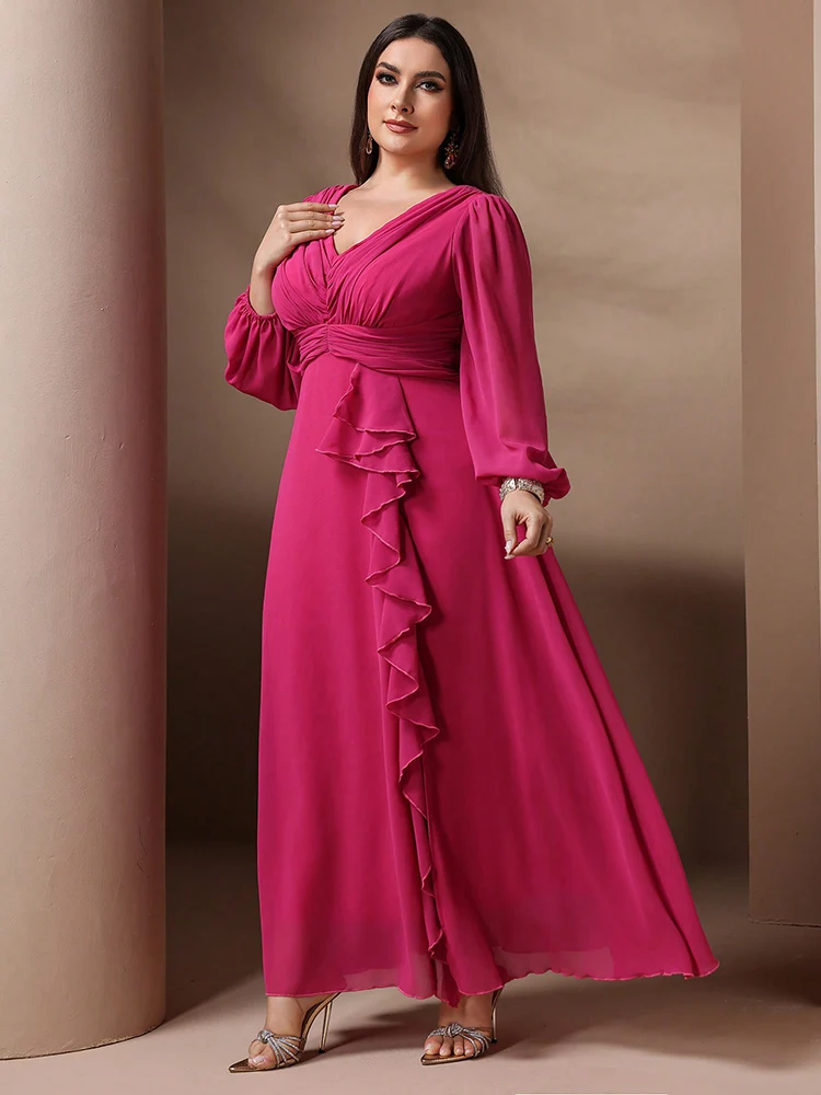 TOLEEN 2024 New in Casual Ruffle Elegant Formal Party Maxi Dresses Plus Size Women Solid Color Simple Daily Long Sleeve Dress