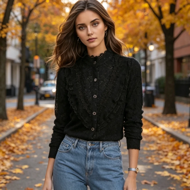 Spring and Autumn Semi-turtleneck Button Lace Splicing Women's Long Sleeve Shirt Elegant Casual Fashion Slim Office Black Blouse