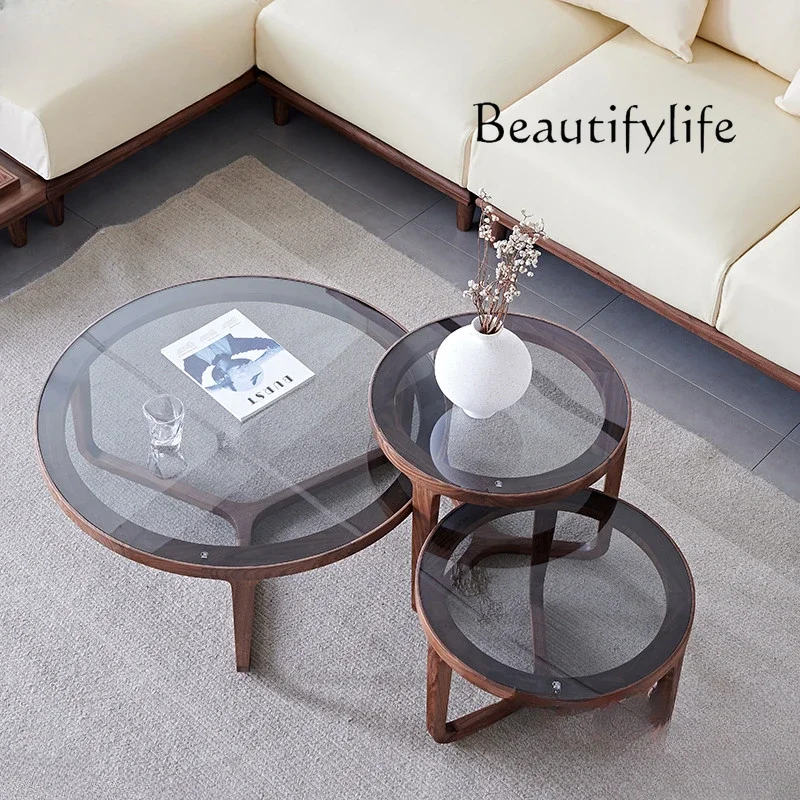 

muebles para hogar Nordic Black Walnut Wooden Tea Table Leisure round Tea Table Simple Modern Living Room Solid Wood Tempered Gl