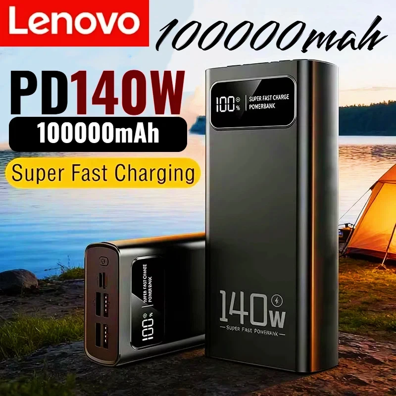 

Внешний аккумулятор Lenovo 140W с супербыстрой зарядкой, цифровым дисплеем, высокой емкостью 100000 мАч для iPhone, Samsung, планшетов
