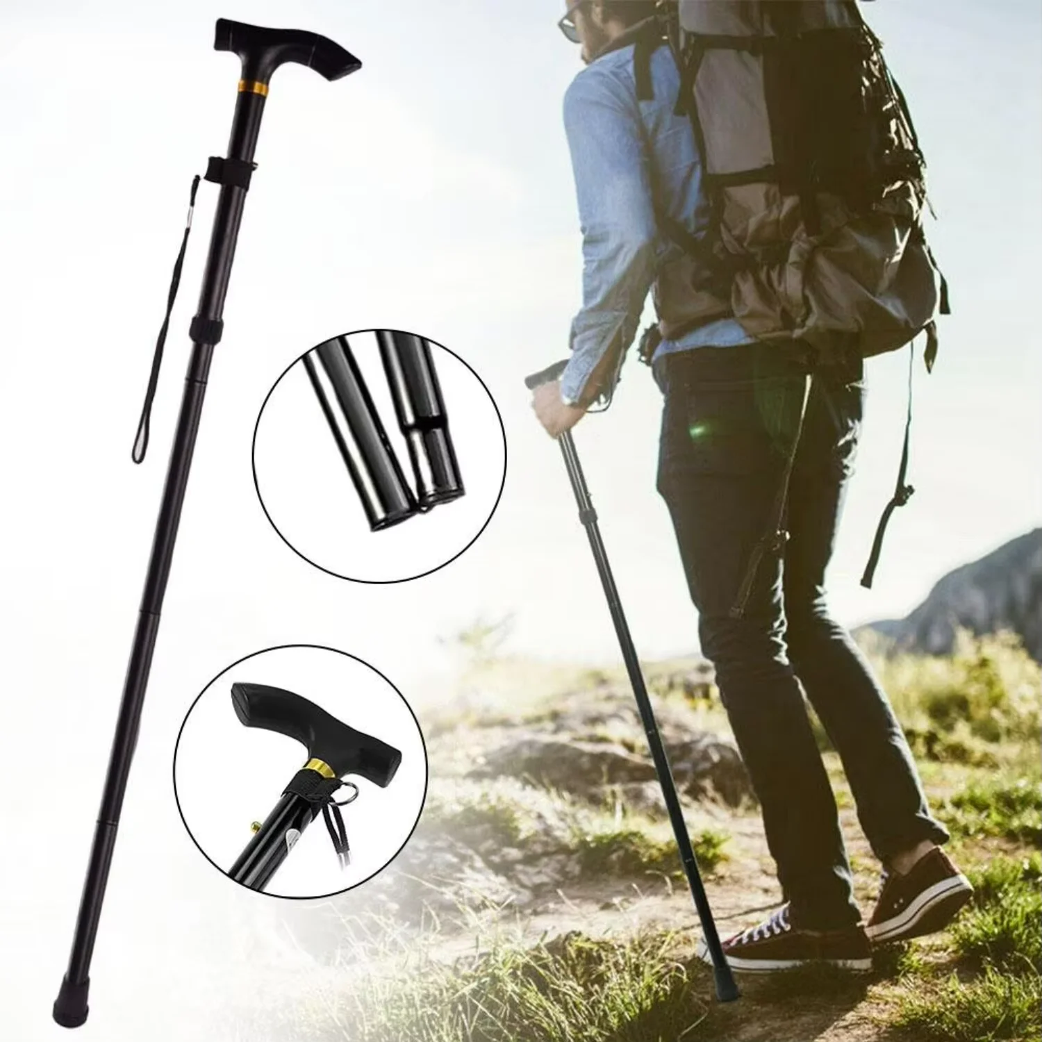 Foldable Walking Stick Anti-Slip Outdoor Hiking Camping Disability Cane Extendable Unisex Sturdy Mountaineering Climbing P9B1