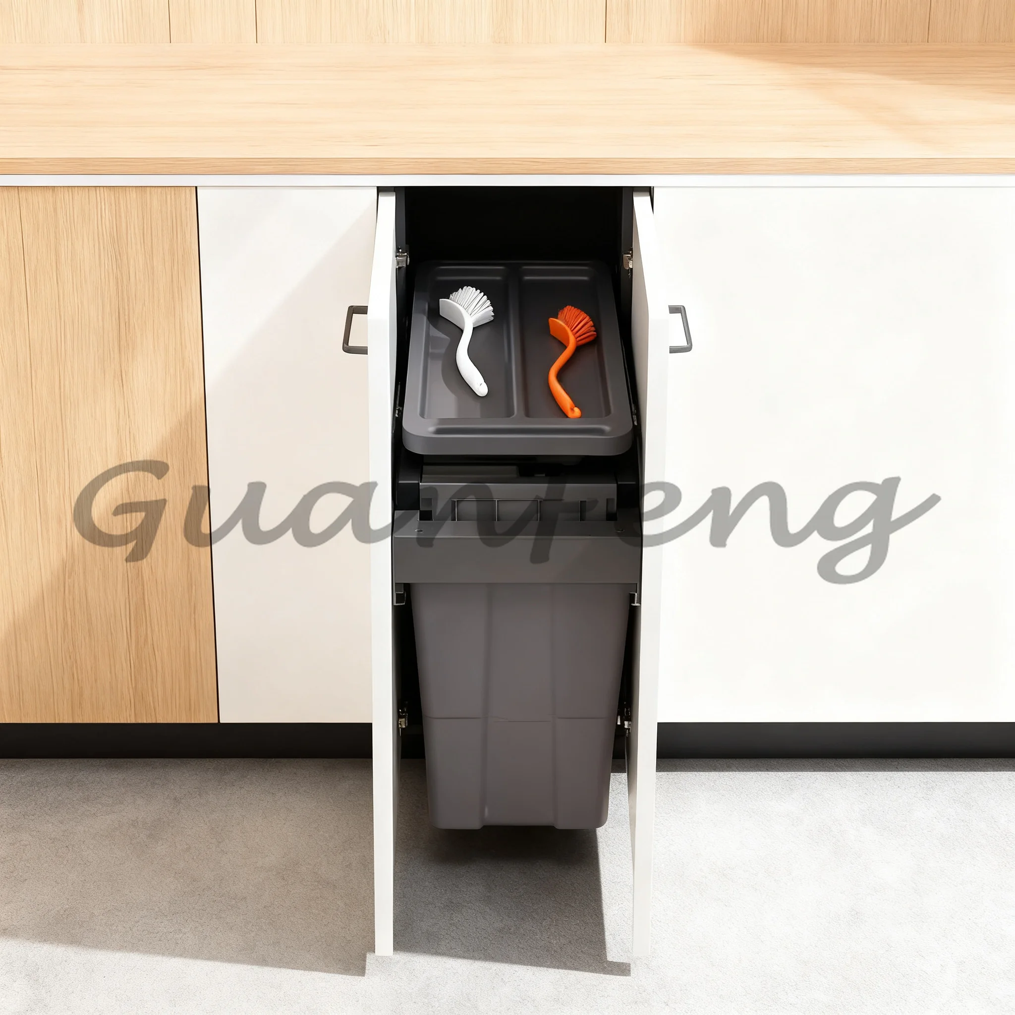 Hidden Double Compartment Built-in Cabinet Trash Bin, Drawer Style Kitchen Trash Can with Lid, Waste Cleaning Bin