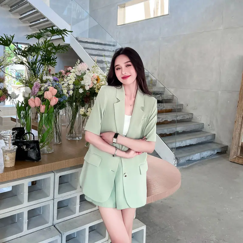 Women Summer New Casual Short Sleeved Blazers Coat Two-piece Korean Elegant Fashion Professional Suit Jacket Shorts Matching Set