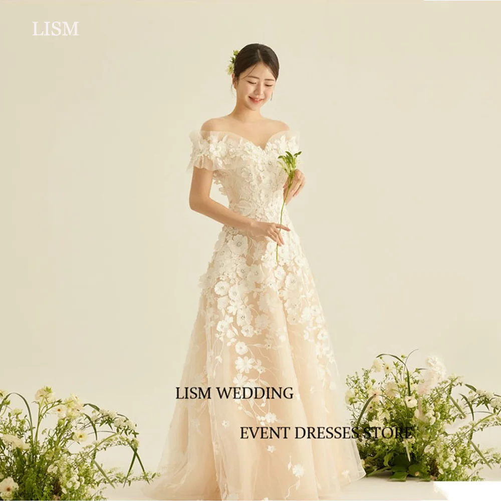 LISM Fairy Tulle Korea Women Wedding Dress Off the Shoulder Floor Length Vestidos de Noiva Lace up delicate Bridal Gown