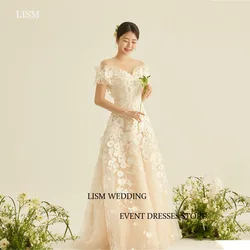 LISM  Fairy Tulle Korea Women Wedding Dress Off the Shoulder Floor Length Vestidos de Noiva Lace up delicate Bridal Gown