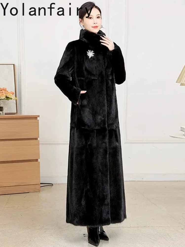 YOLANFAIRY Luxury100% Whole Mink Woman Real Fur Coat Winter Elegant Stand Collar Natural Mink Fur Jacket Extra-long 130cm пальто
