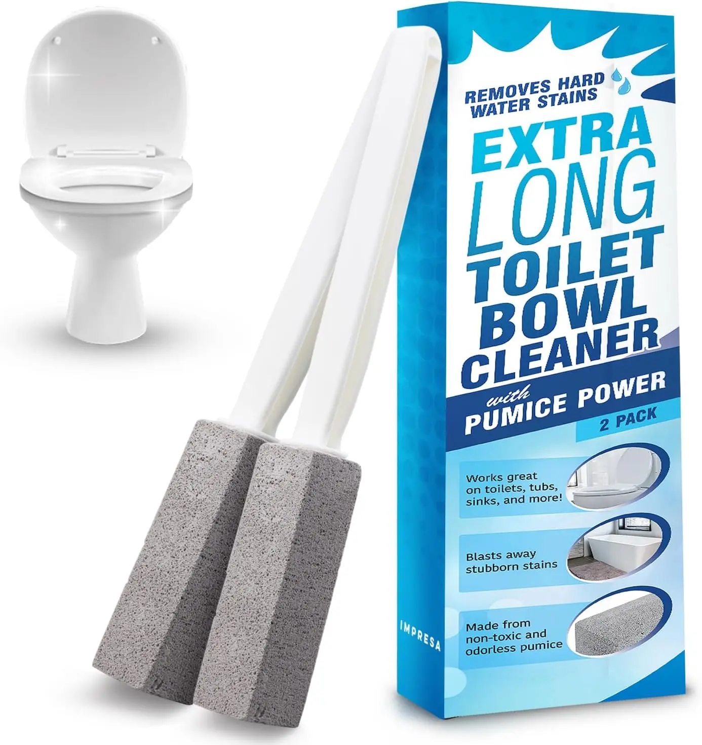 

Pumice Stone Toilet Cleaner with Handle - 2 Pack, Hard Water Stain Remover for Toilet Bowl, Pool Tile & Grout