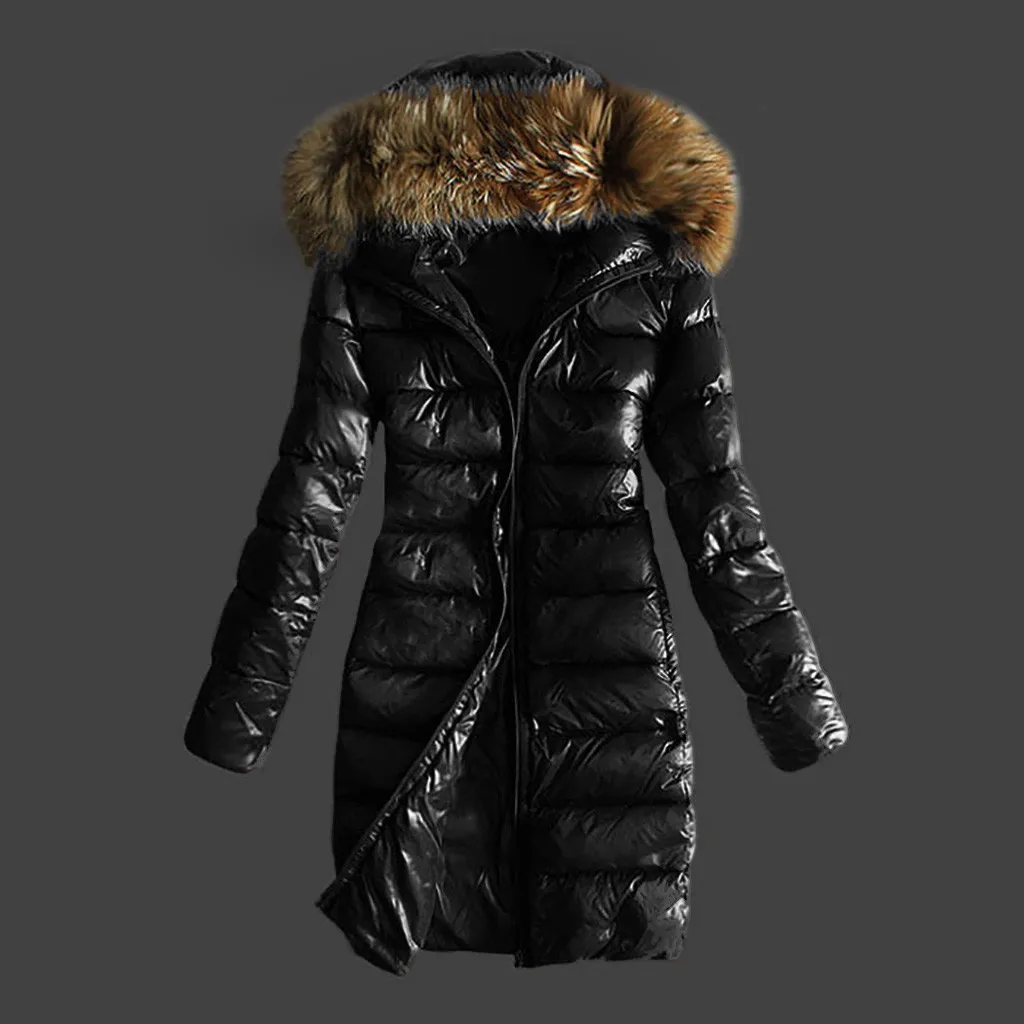 Women'S Winter Down Jacket Women Outwear Quilted Winter Warm Coats Collar Hooded Jacket Tops Black Glossy Jacket пуховик женский