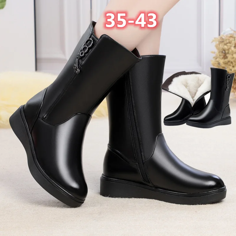 

Women Boots Quality Genuine Leather Boot Fashion Mid-calf Leather Boot Thicken Wool Plush Warm Winter Boots Botas Invierno Mujer