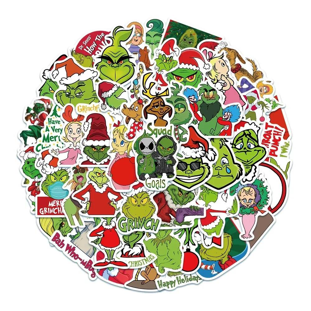 50pcs Green People Stickers Christmas Grinch Max Decal Kids Toy Scrapbook Diary Phone Laptop Guitar Graffiti Waterproof Stickers