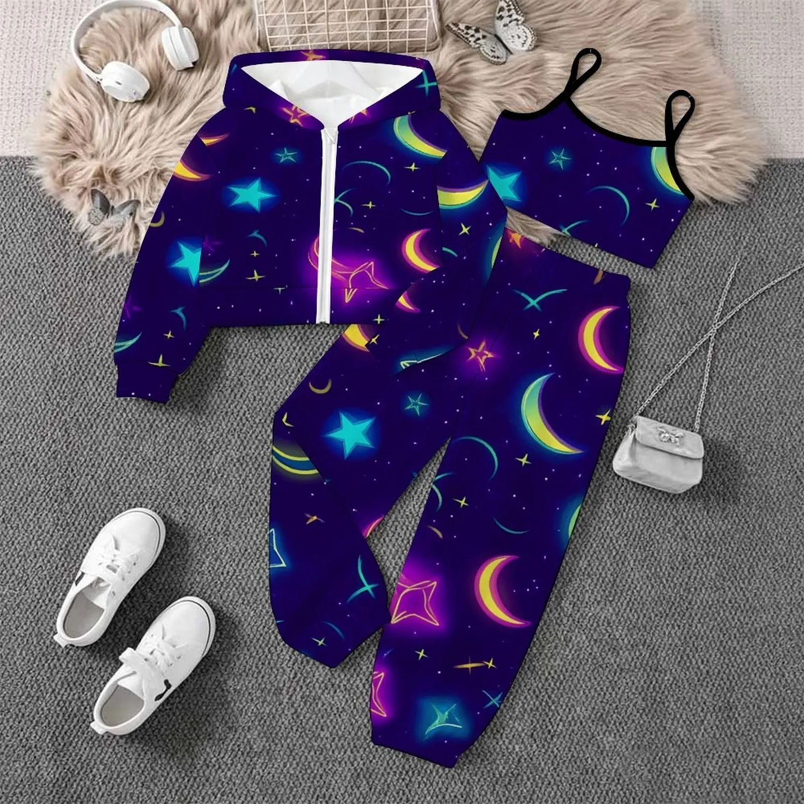3pcs Autumn Coats Winter Jogging Pants Girls Daily Wear Retro Three-Piece Set Children's Tops Fashion Vest Print Trousers