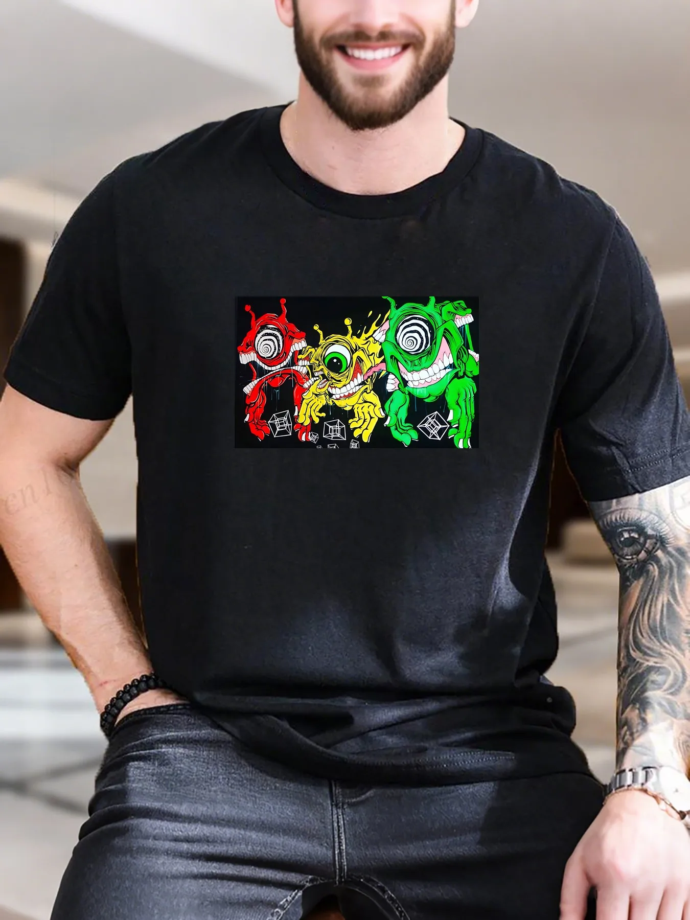 

New Arrival Fashion Men's Trendy Printed T-Shirt Graffiti of Three Monsters Design 100% Cotton Breathable Soft Casual Streetwear