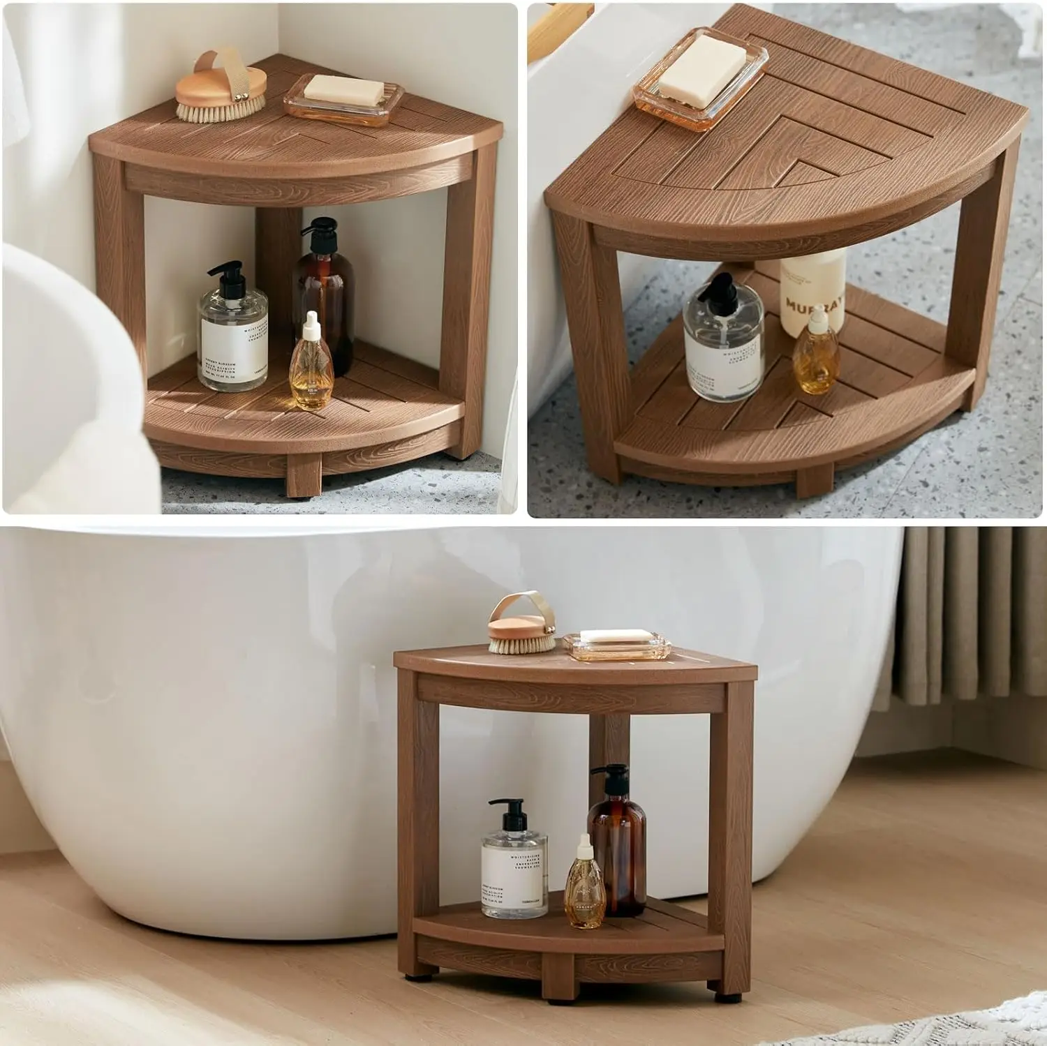Waterproof Corner Shower Stool with Adjustable Feet, Non-Slip Brown Seat for Bathroom and Outdoor Use