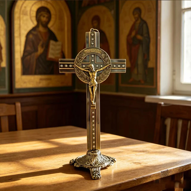 Antikes Bronze-Standkreuz mit Strasssteinen & INRI-Gravur für den Heimaltar, Gebetsdekoration, religiöses Geschenk – Detail 5