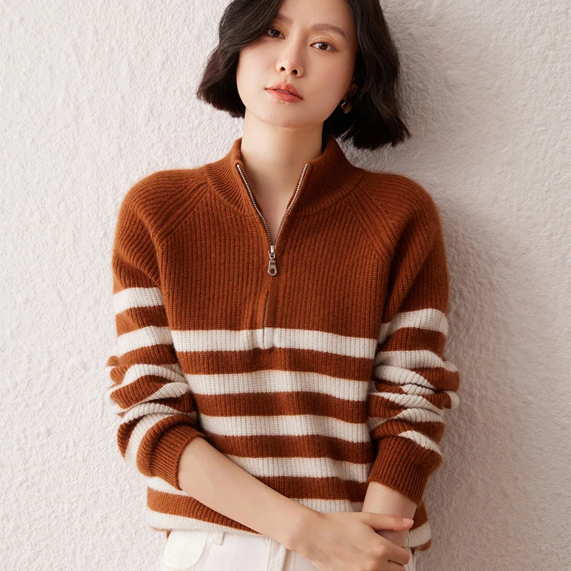 

Осень-зима, новинка, 100% кашемир, женская полуводолазка на молнии, дизайн трикотажа с длинным рукавом в полоску, свободный модный свитер в ленивом стиле