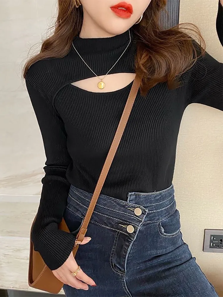 เสื้อสเวตเตอร์ถักคอเต่าแบบโปร่งสำหรับผู้หญิง เสื้อไหมพรมแบบร่อง แขนยาว สำหรับฤดูใบไม้ร่วงและฤดูหนาว เสื้อสเวตเตอร์ผู้หญิงแบบพื้นฐาน เนื้อผ้านุ่ม อุ่นสบาย