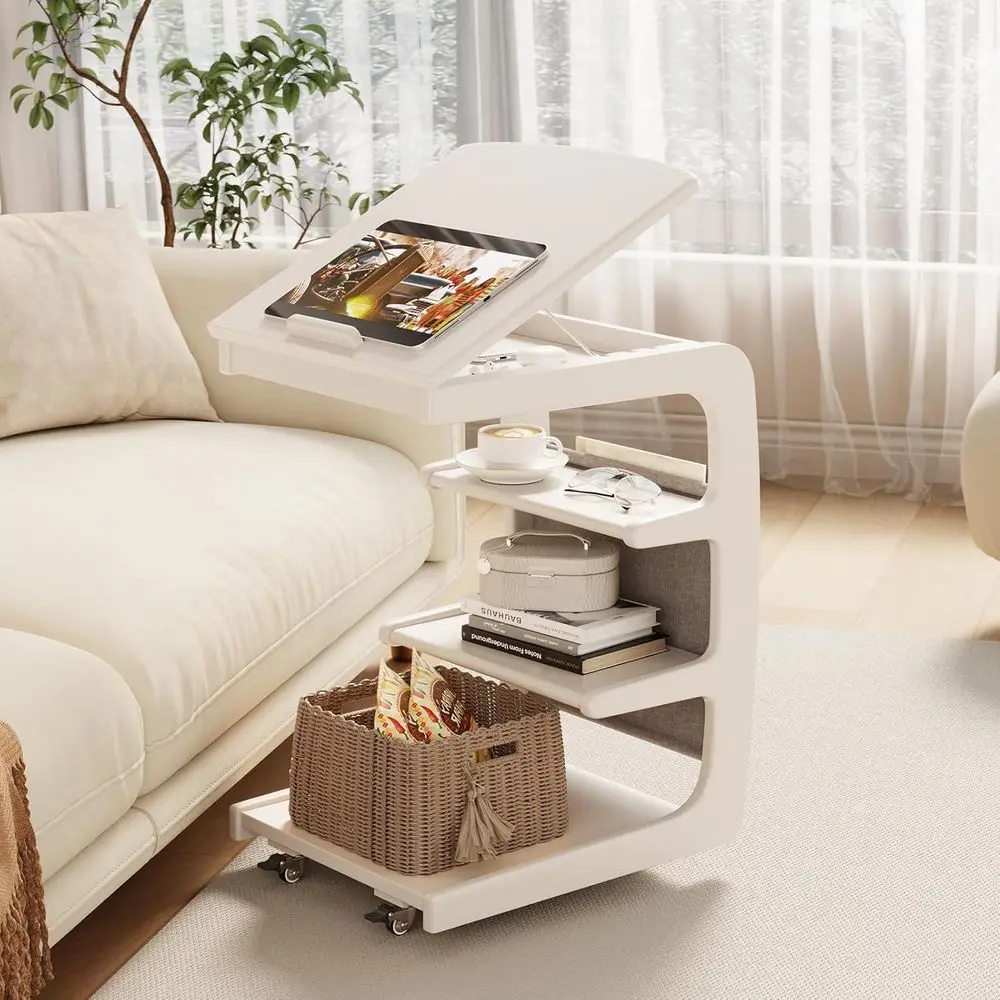 Wooden C-Shaped End Table,Couch Desk with 2 Lockable Wheels,4-Tier Couch Table with Storage Bag,Small Rolling Side Table Tv Tray