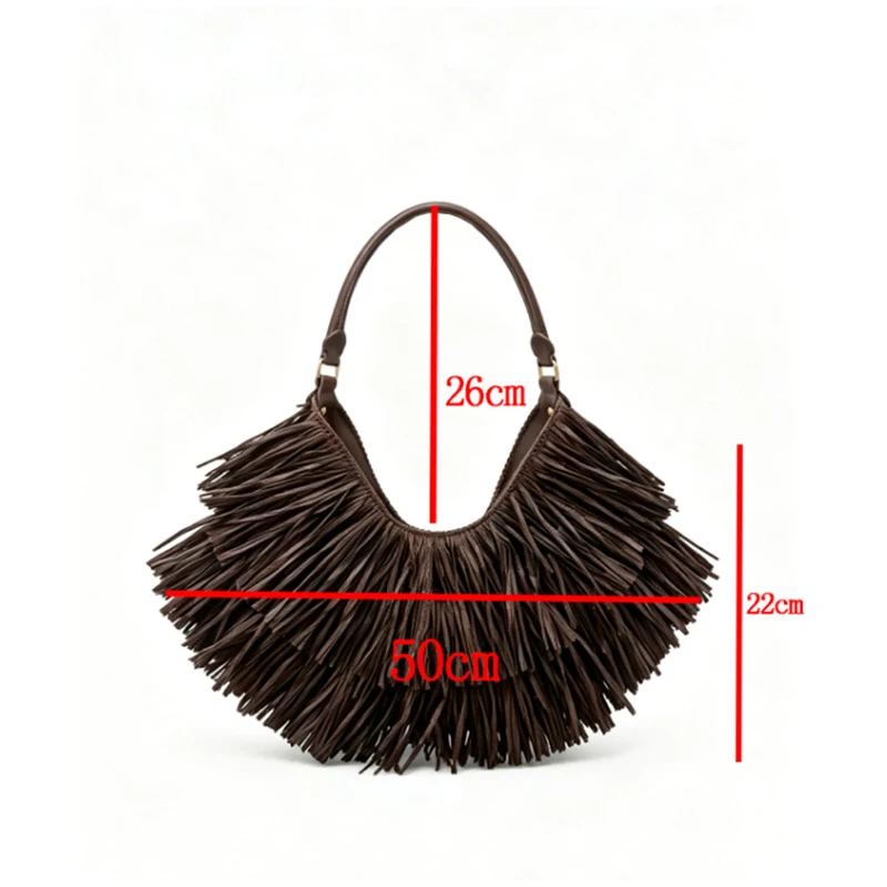 Vintage-Handtasche mit Quasten, Damen-Hobo-Fransen-Unterarm-Schultertasche, Designer-Retro-Freizeit- und Alltagstasche, Kaffeebraun – Detail 1