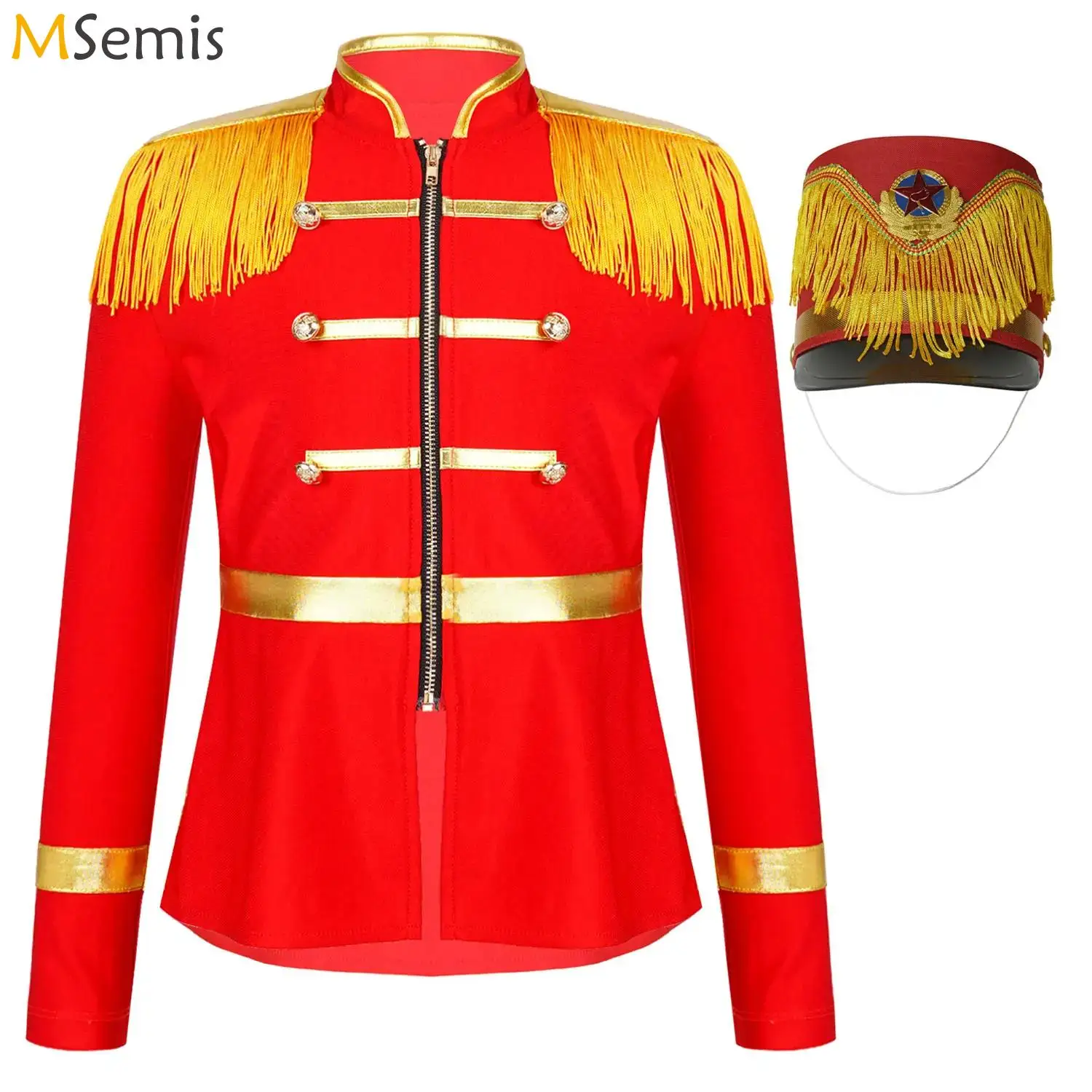 Kids Long Sleeve Circus Ringmaster Cosplay Costume Marching Band Uniform Tassel Major Band Drum Honor Guard Jacket Coat with Hat