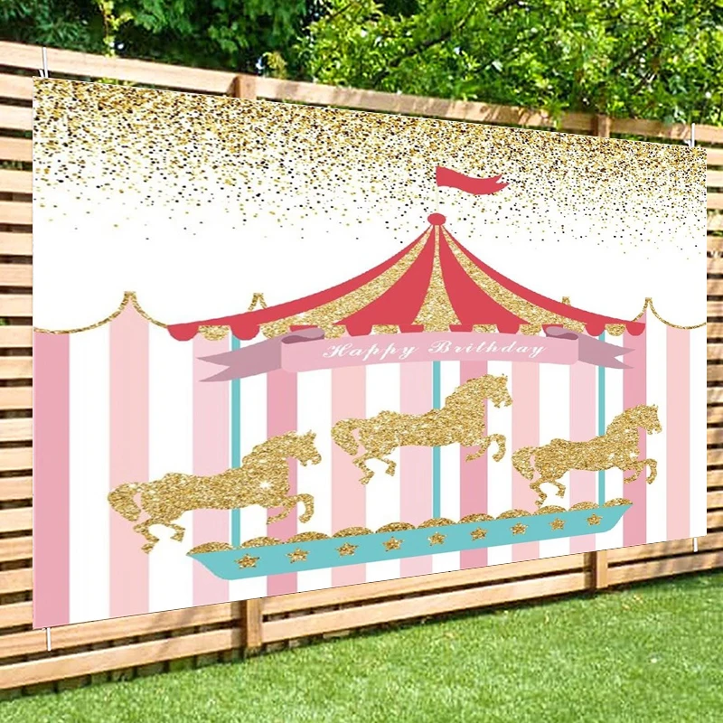 Carousel Theme Party Backdrop Happy Birthday Girls Boys Vintage Circus Decorations Pink Blue Carousel Horse Background Banner