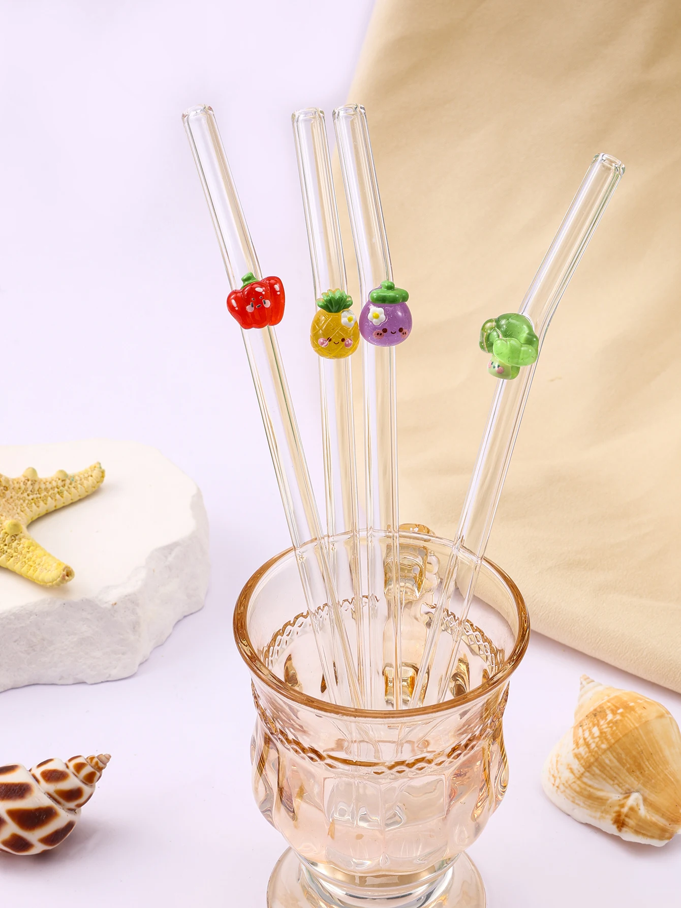 1/2/5PCS Reusable Bent Glass Straws, Pepper/broccoli/pineapple Designs, Perfect for Boba,Coffee, Fun Party Accessory for Adult