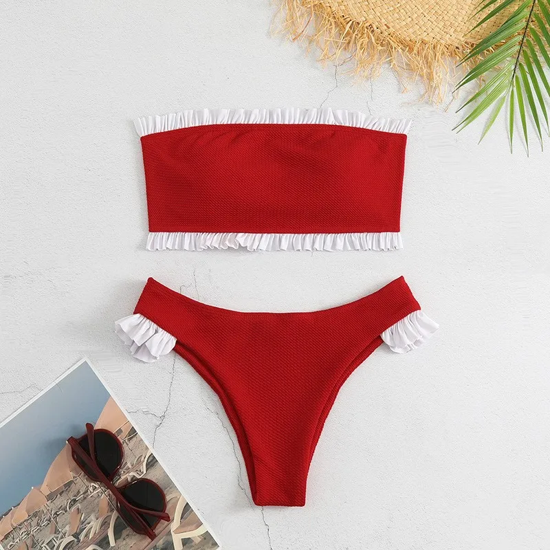 2026 Bikini Sets For Woman High Cut Ruffle Bikinis Bandeau Top Thong Bottom White Contrast Ruffle Swimwear Solid Red Two Piece