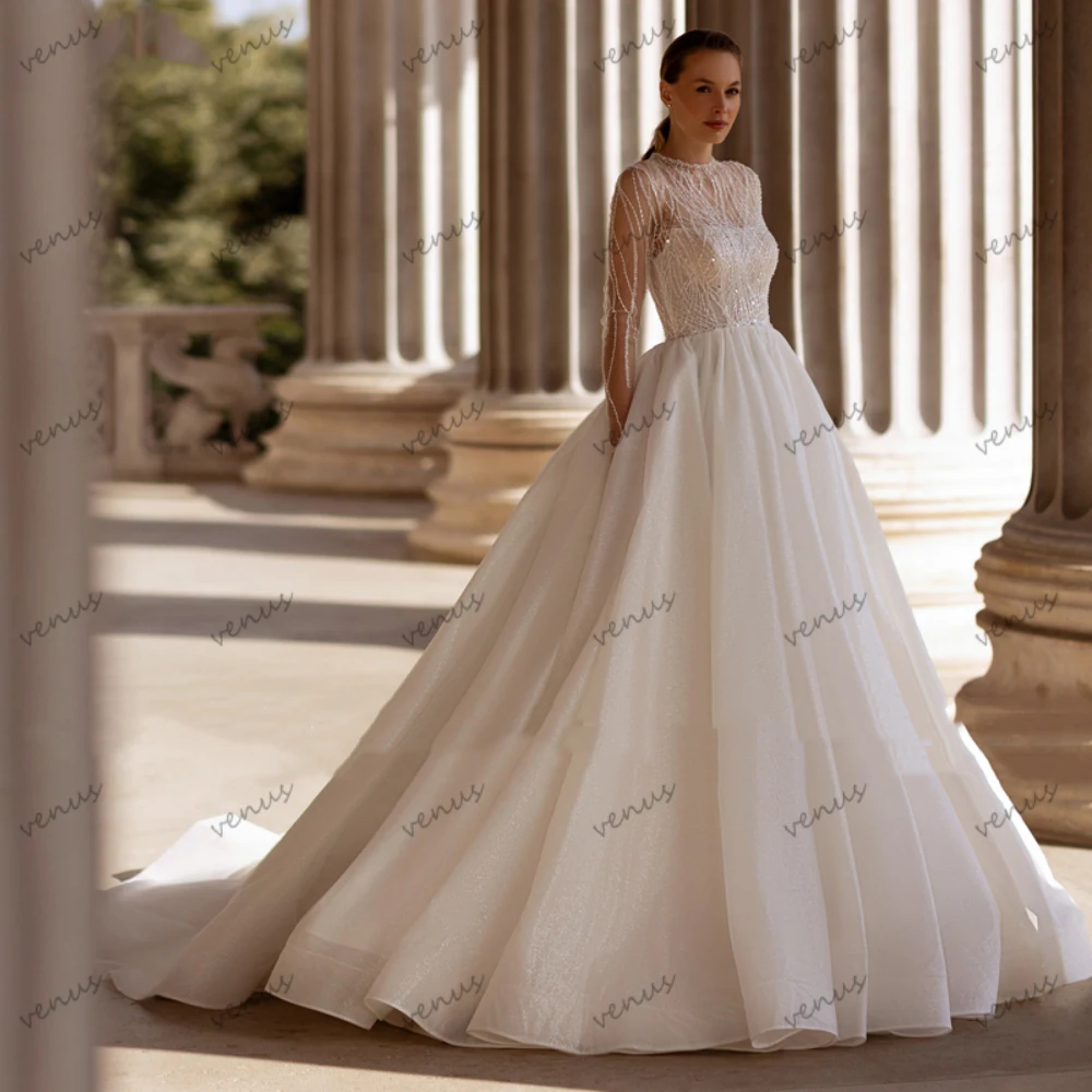 Pretty Wedding Dresses Modern Bridal Gowns Full Sleeves Robes For Formal Party O Neck Glamorous Vestidos De Novia Customized