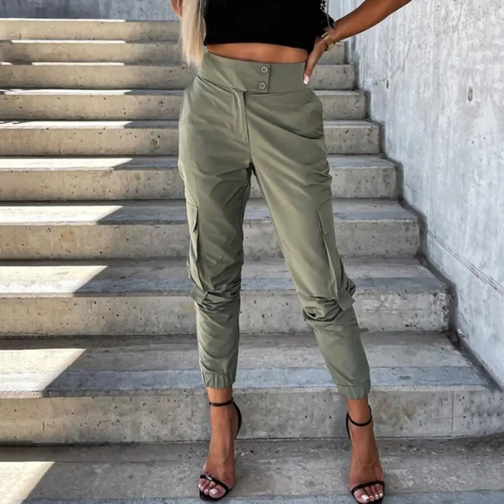 

Women Cargo Pants Mid-rise Button Zipper Fly Hip-Hop Style Multi-Pocket Long Pants Solid Color Slim Fit Joggers Sport Pants