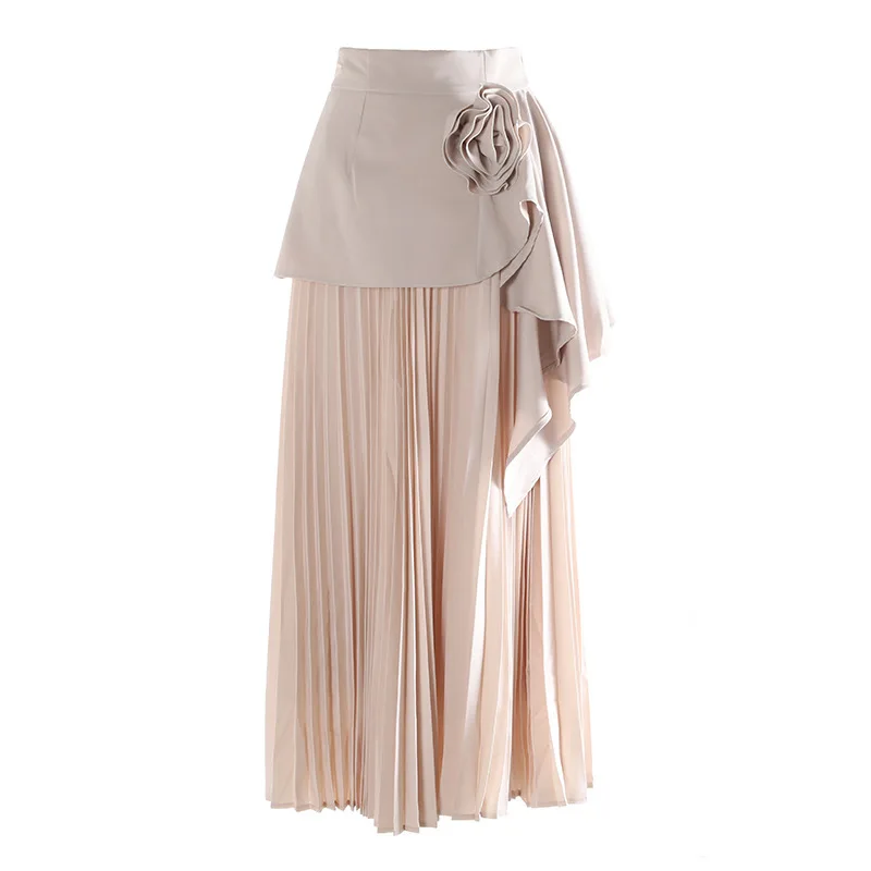 HKSH Letnia Nowa Damska Modna Elegancka Spódnica Trójwymiarowe Kwiaty Łączona Plisowana Asymetryczna Elegancka Modna Luksusowa Spódnica HK8947