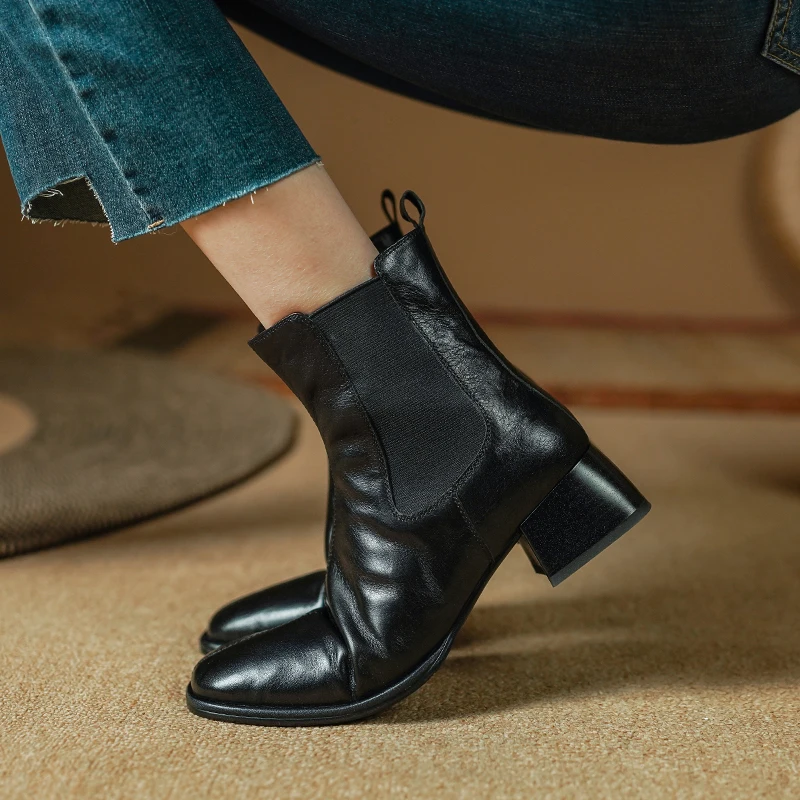 2024 Autumn New Retro Women Boots Ankle Boots Genuine Leather Shoes for Women Chelsea Short Boots Chunky Heel Ladies Women Shoes