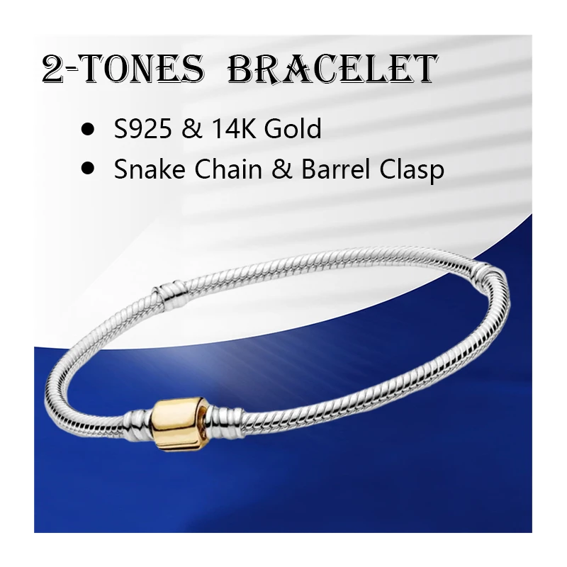 

2 Tone Wrist Charm Bracelets For Women Fine Jewelry 925 Sterling Silver Original Snake Chain Real 14K Gold 585 Logo Barrel Clasp