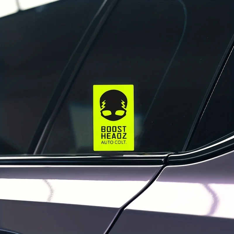 1PC Fluorescent Yellow & Black Skull Pattern Sticker (10x6cm) - "BOOST HEADZ" Text Vinyl Decal For Car Decor