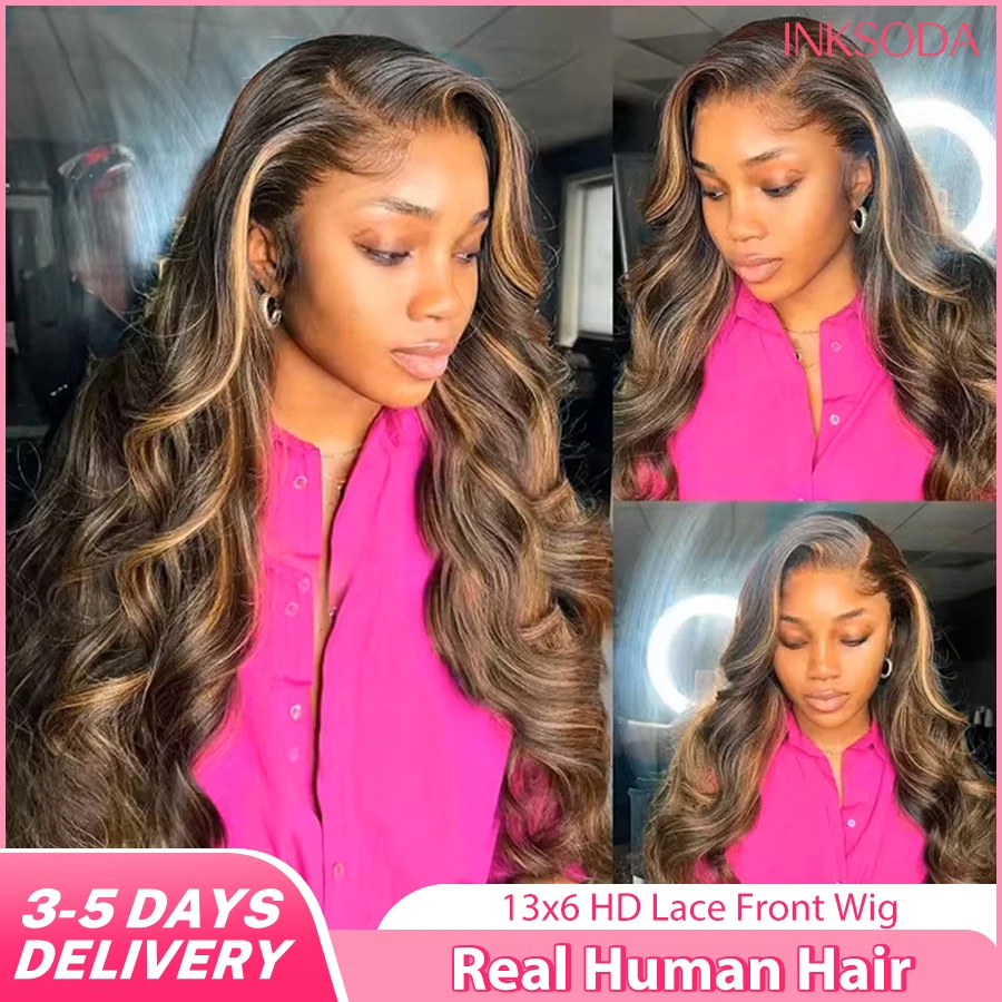 36 Inch Body Wave Human Hair Wigs Highlight 13X6 HD Lace Frontal Wig P4/27 Curly Front Wig Brown Ombre Colored Wigs Human Hair