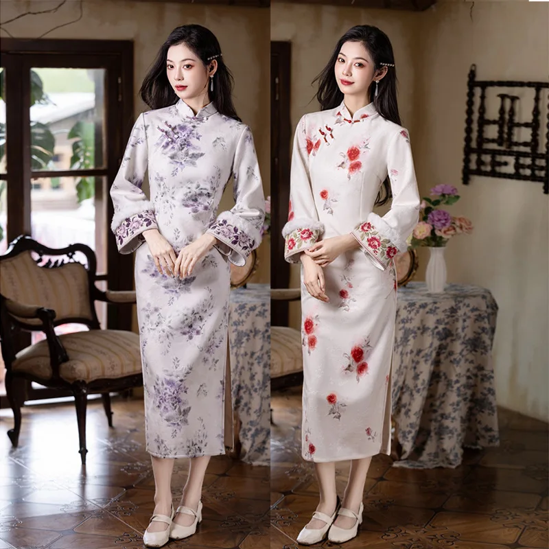 

Purple Winter Qipao Thickened Chinese Style New Chinese Style Long Flared Sleeves Retro Slim Temperament Qipao Dress