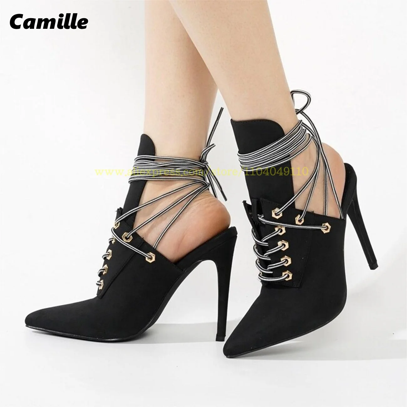 Retro Denim Blue Back Empty Ankle Lace Up Sexy Women Pumps Pointed Toe All-Match Comfort Lady Sandals size 35-44 Daily Sandals