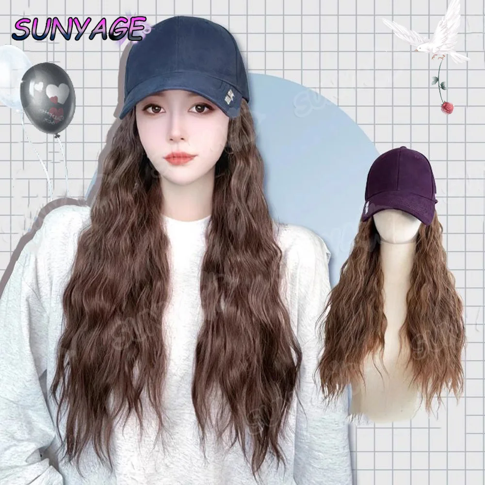 SUNYAGE 22 بوصة الاصطناعية طويلة متموجة مجعد قبعة بيسبول مع الشعر التمديد قبعة الشعر قبعة للنساء فتاة الشعر اليومي نمط شعر مستعار
